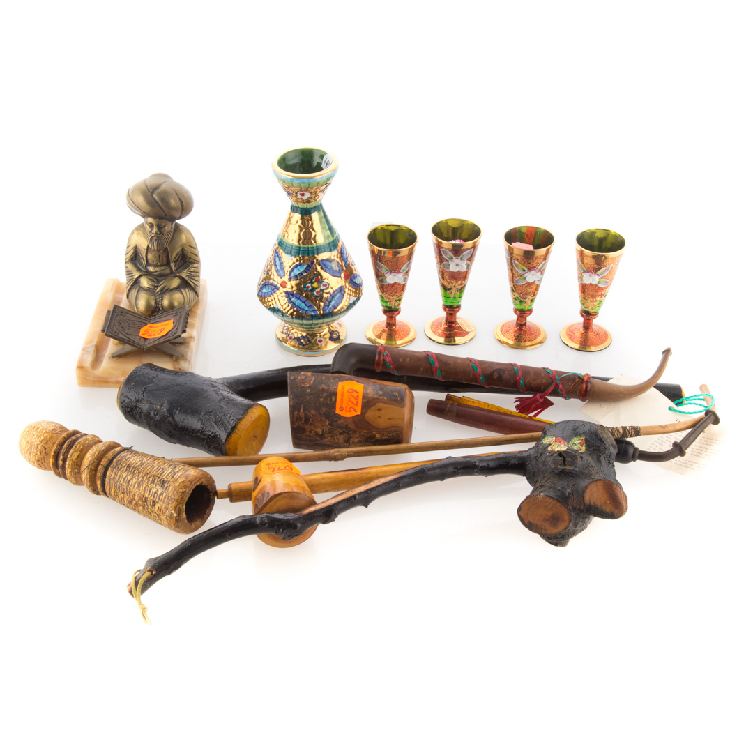 Appraisal: Brass Turk standish carved pipes together with four Bohemian glass