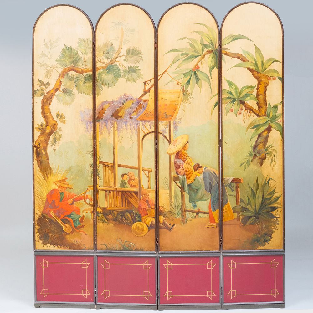 Appraisal: Four Panel Painted Screen in the Chinoiserie Taste ft in