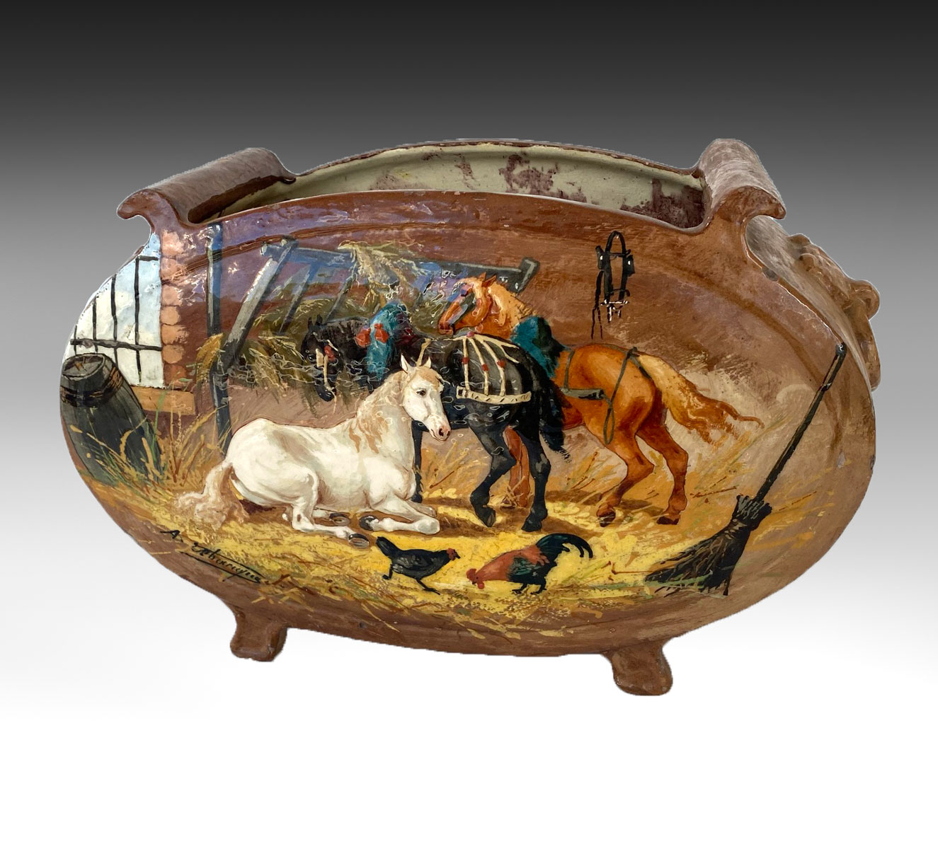 Appraisal: ITALIAN MAJOLICA FERNER Provenance Early Majolica ferner having figural barnyard