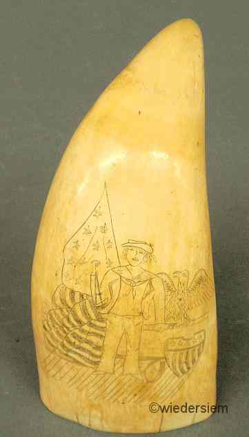 Appraisal: Ivory scrimshaw whale's tooth c decorated with a sailor American