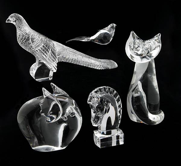 Appraisal: Five Steuben clear glass animal figures comprising a horse head