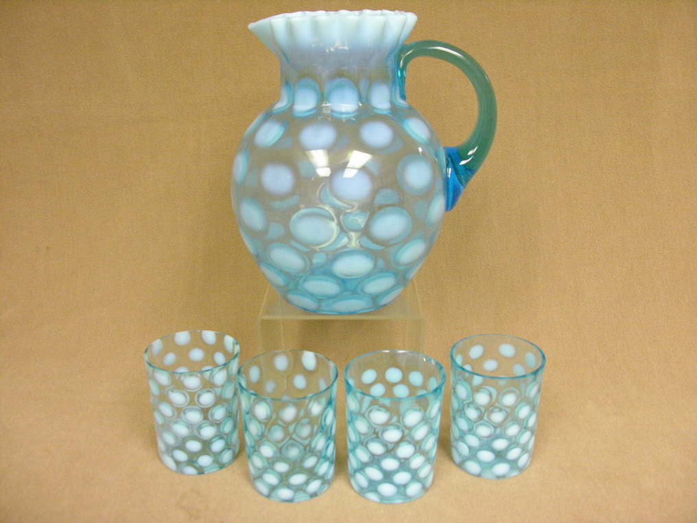 Appraisal: BLUE OPALESCENT COIN DOT PITCHER TUMBLERS pitcher and four tumblers