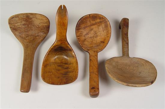 Appraisal: Four Wooden Scoops Mid to late th Century European hand-carved