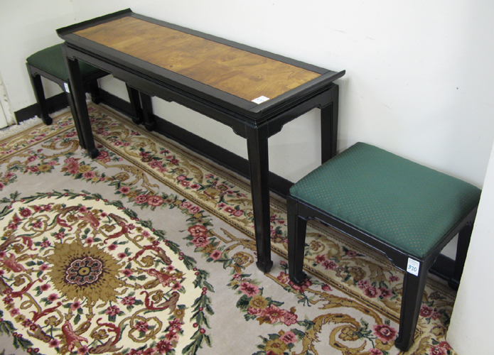 Appraisal: CHINESE CHIPPENDALE STYLE SOFA TABLE AND STOOL SET Ethan Allen