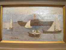 Appraisal: An oil on board naive scene of boats indistinctly signed