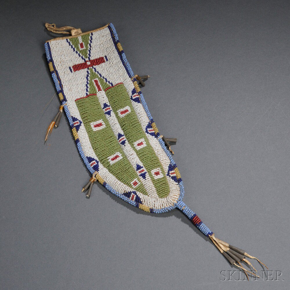 Appraisal: Lakota Beaded Hide Knife Sheath with rawhide back tin cone