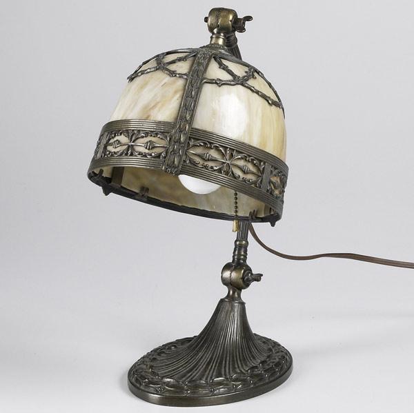 Appraisal: PANEL GLASS DESK LAMP Spelter metal base with bent arm