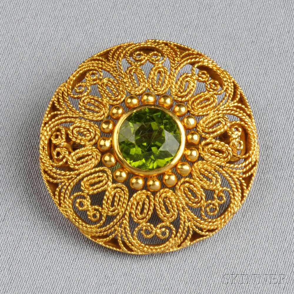 Appraisal: Arts Crafts kt Gold and Peridot Brooch Tiffany Co the