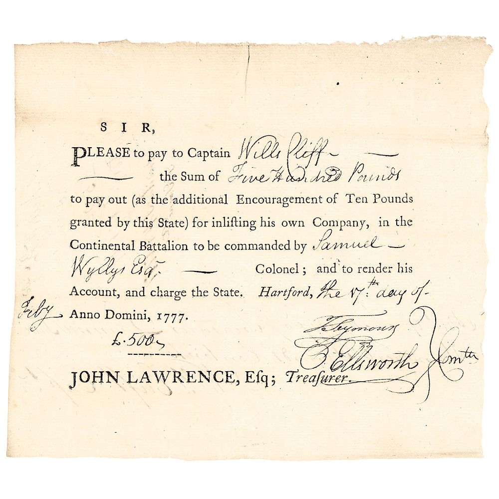 Appraisal: OLIVER ELLSWORTH United States Constitution Drafter Signed Enlisting Document Autographs