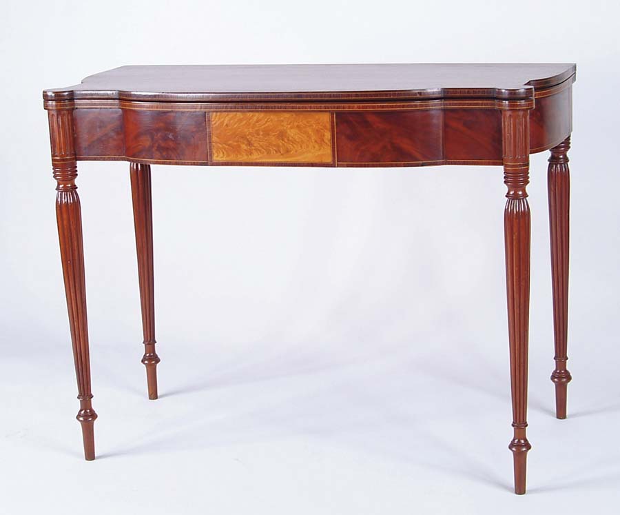 Appraisal: SHERATON INLAID MAHOGANY CARD TABLE Reeded ring turned delicate legs