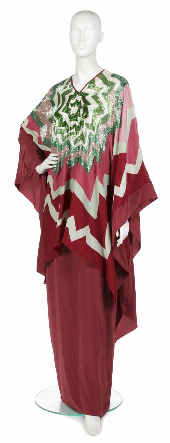 Appraisal: A Michaele Vollbracht Multicolor Silk Beaded Kaftan and Dress green