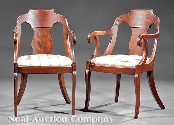 Appraisal: A Pair of American Classical Carved Mahogany Gondola Armchairs early