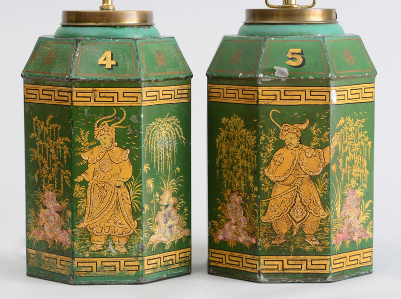 Appraisal: PAIR OF CHINESE EXPORT GREEN-GROUND OCTAGONAL T LE PEINTE TEA