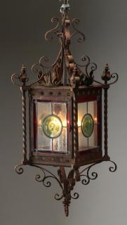 Appraisal: Wrought iron hanging lantern h Wrought iron and stained glass