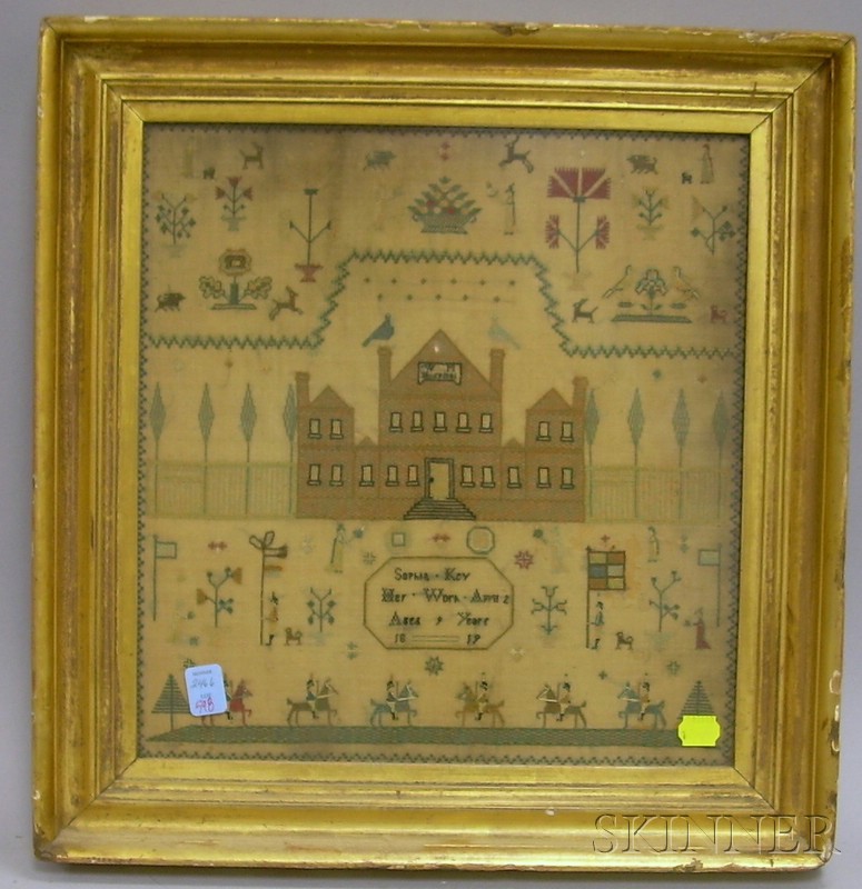 Appraisal: Framed British Sophia Key Needlework Sampler with central depiction of