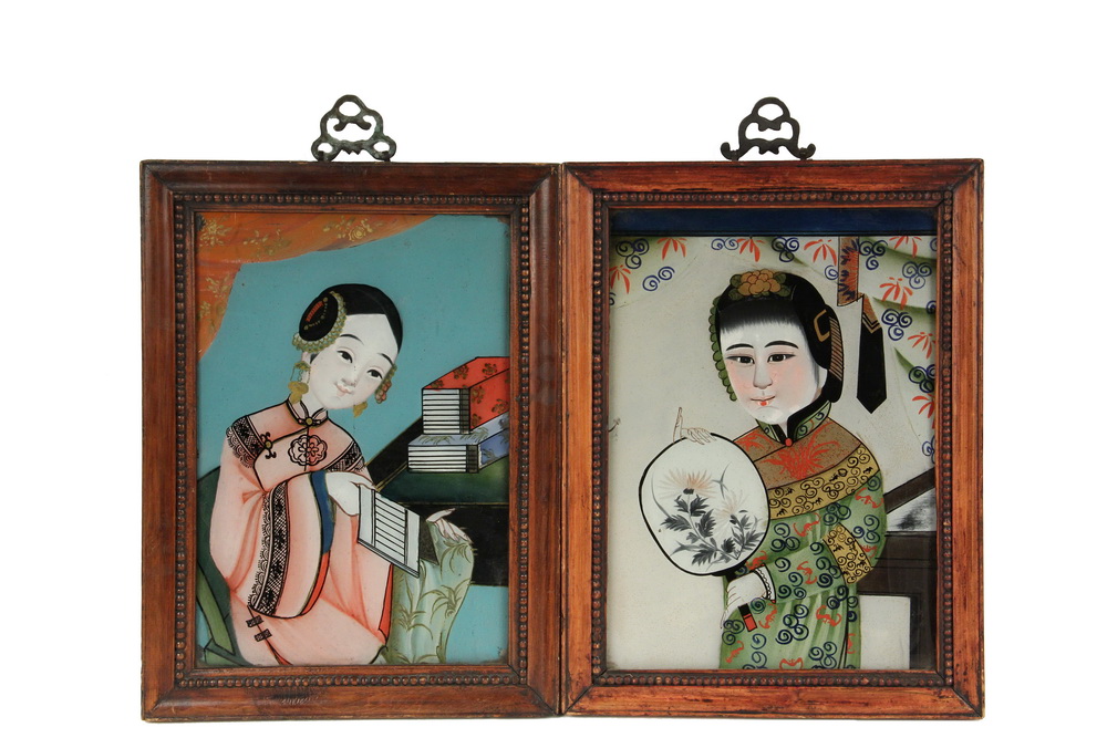 Appraisal: PAIR OF CHINESE REVERSE GLASS PAINTINGS - Two Waist-Length Portraits