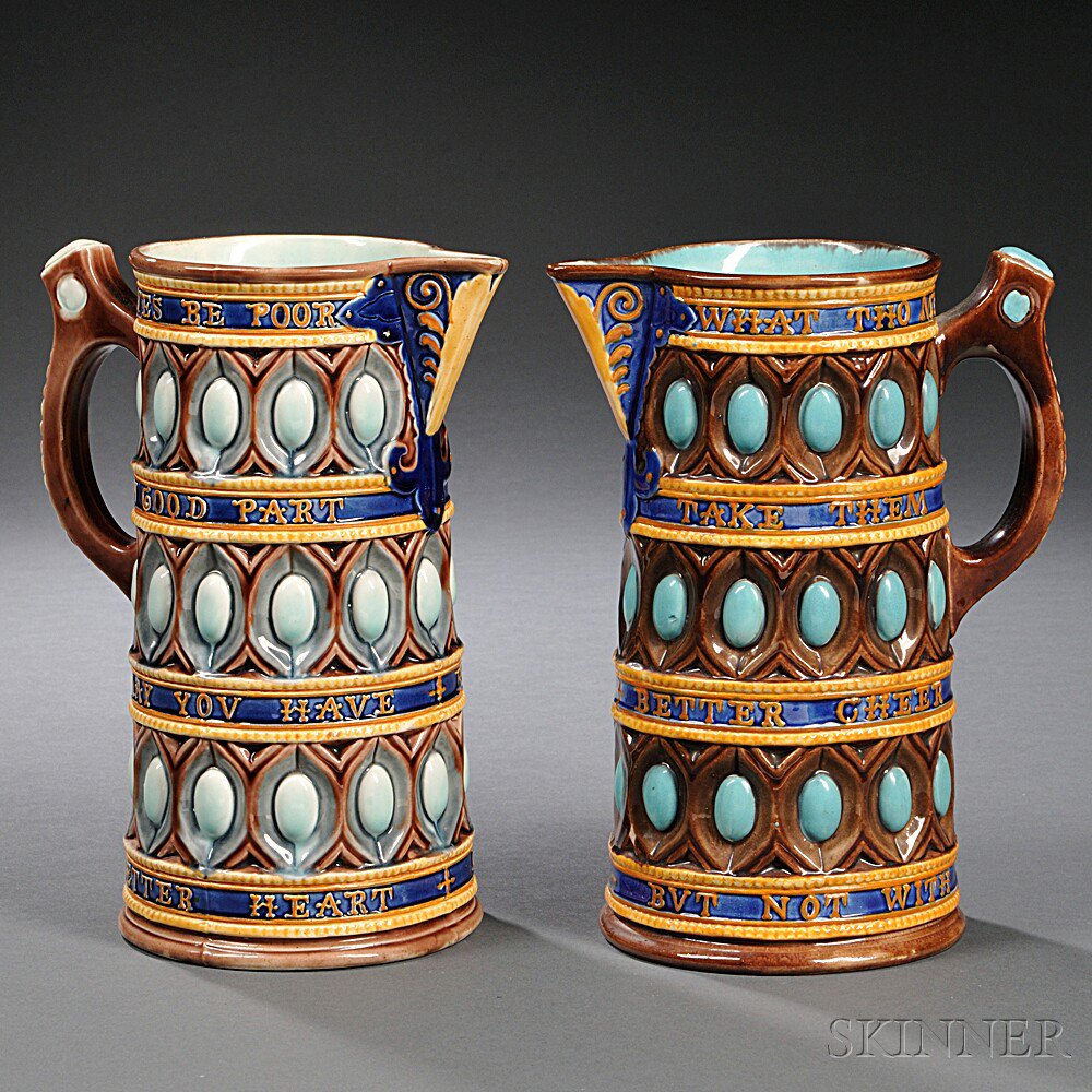 Appraisal: Two Wedgwood Majolica Caterer Jugs England c each with bands