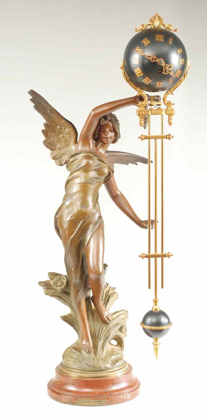 Appraisal: VICTORIAN SWING ARM STATUE CLOCK American c the patinated spelter