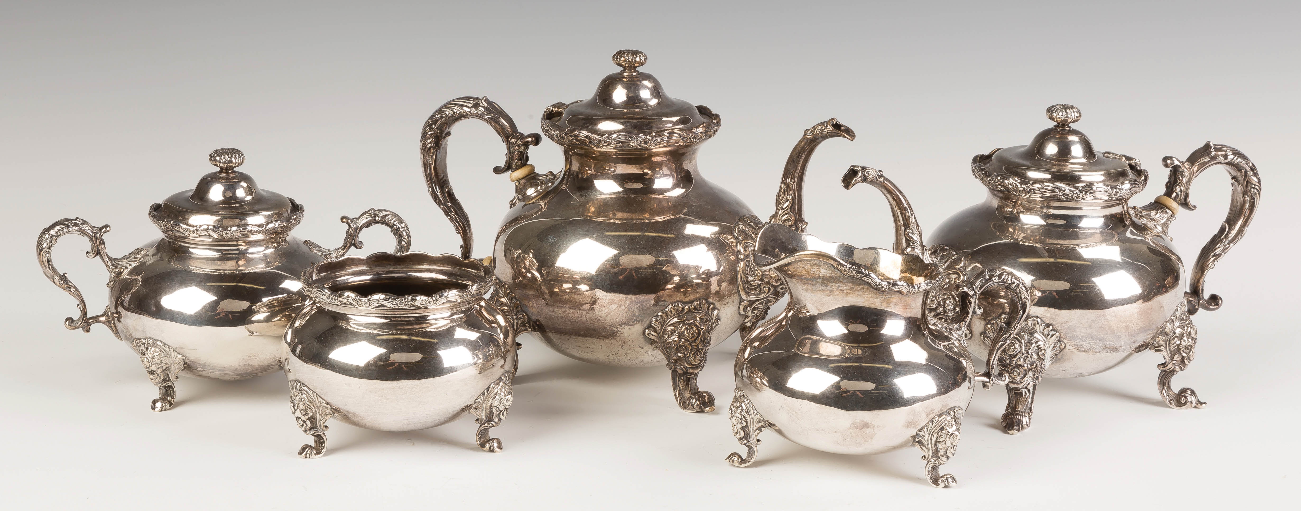 Appraisal: Whiting Sterling Silver Five Piece Tea Set Floral repouss work