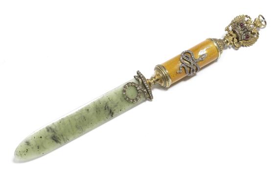 Appraisal: A NEPHRITE AND ENAMEL PAPER KNIFE probably St Petersburg -