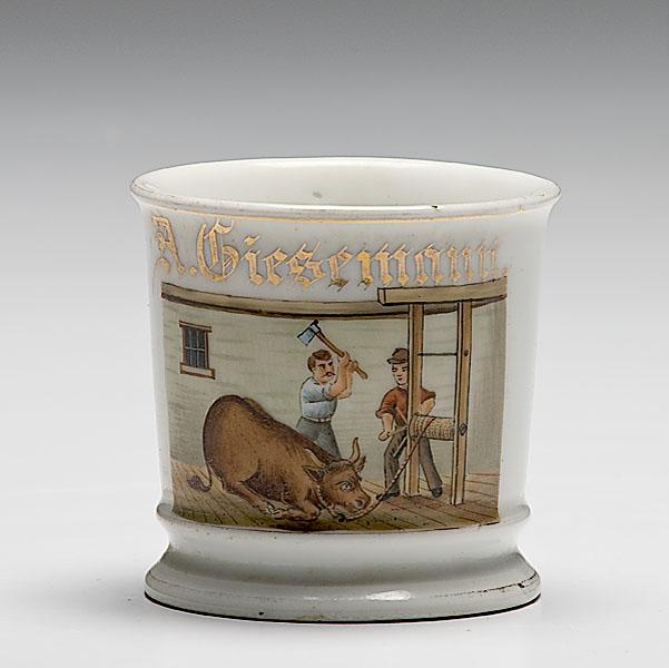 Appraisal: OCCUPATIONAL SHAVING MUG OF SLAUGHTER HOUSE porcelain with polychrome painted