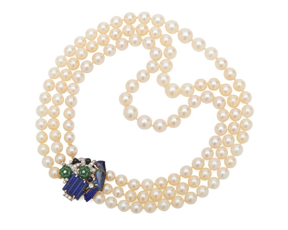 Appraisal: CARTIER Pearl and Hardstone Necklace the triple-strand necklace comprising cultured