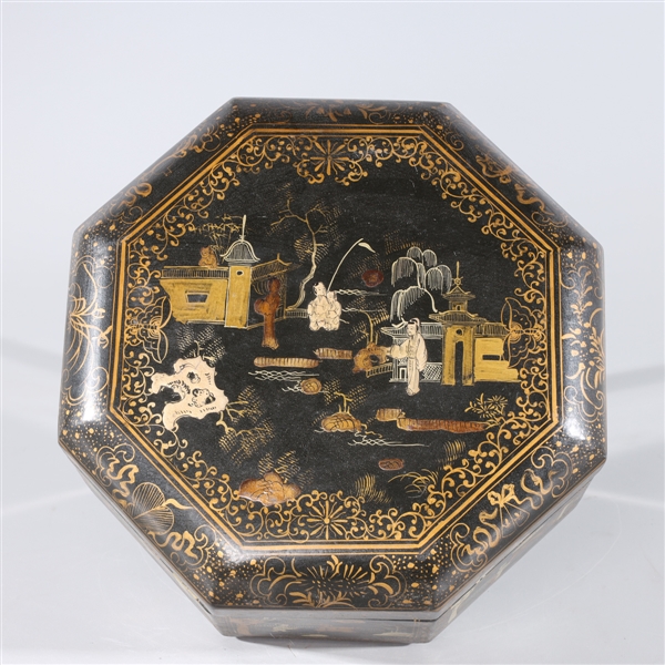 Appraisal: Chinese gilt lacquer octagonal covered box with figures and landscapes