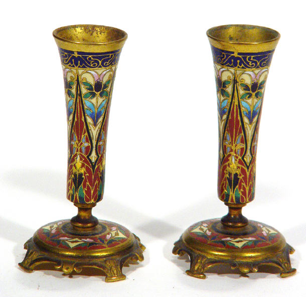 Appraisal: Pair of flared gilt brass vases with enamelled floral decoration