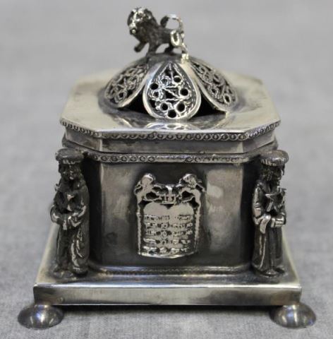 Appraisal: JUDAICA Russian Silver Covered Box With lion finial applied menorah