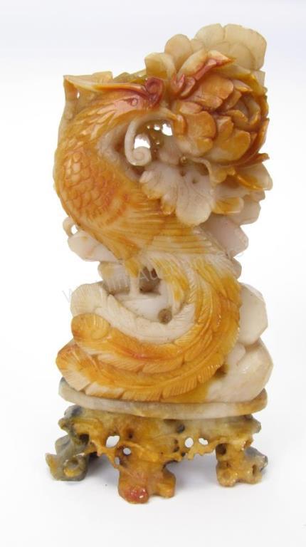 Appraisal: Oriental Carved Soapstone Phoenix Sculpture white and orange jade with