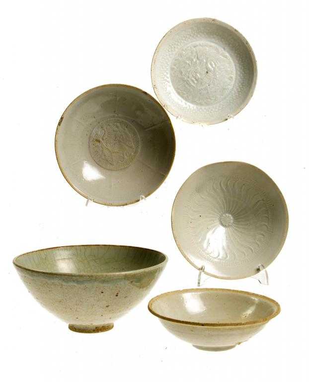 Appraisal: FIVE YINGQING BOWLS AND DISHES SONG AND YUAN DYNASTIES three