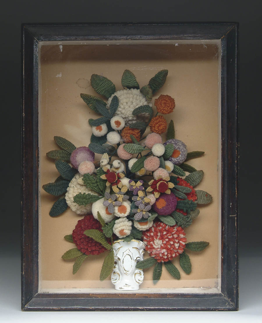 Appraisal: FINE WOOL WORK BOUQUET OF FLOWERS IN SHADOW BOX FRAME