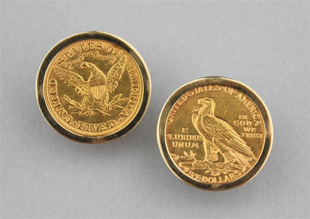 Appraisal: PAIR OF FIVE DOLLAR GOLD COIN EARRINGS LIBERTY AND INDIAN