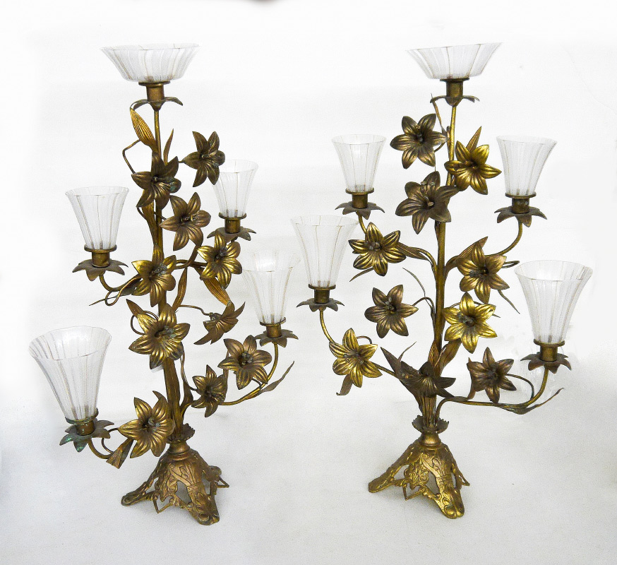 Appraisal: PAIR GILT METAL CANDELABRA WITH VENETIAN GLASS SHADES Five light