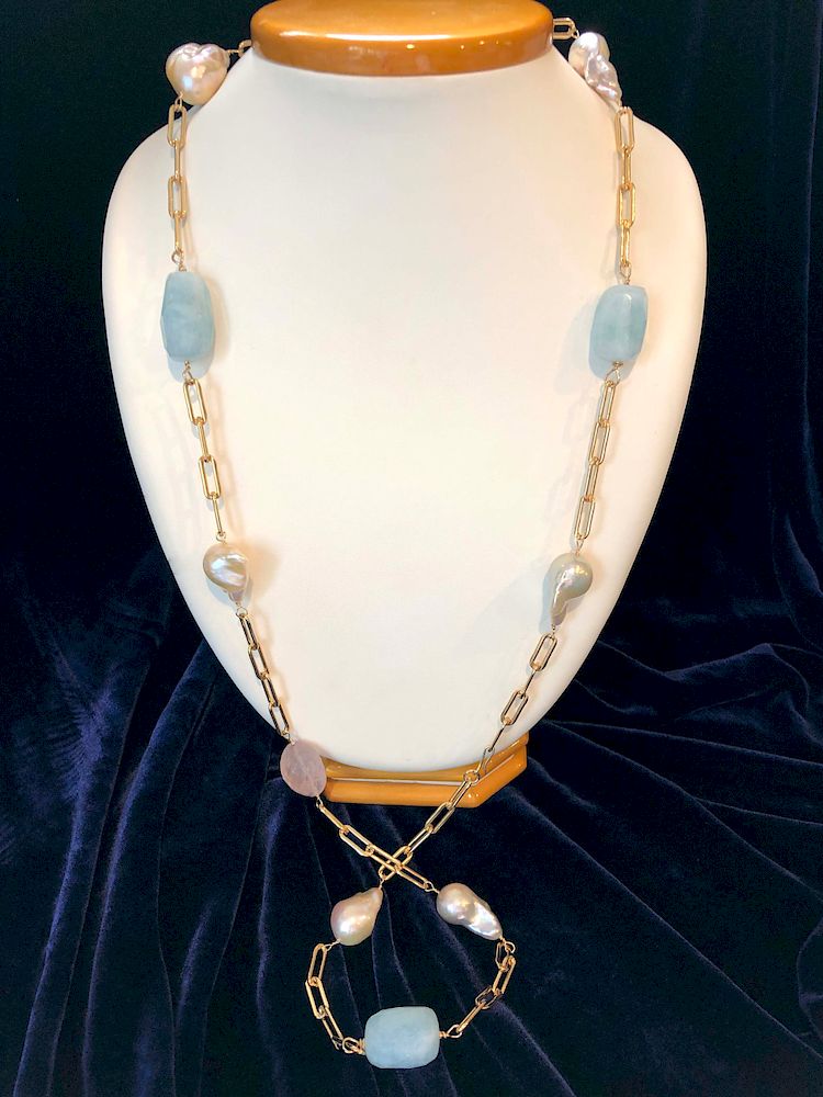 Appraisal: Aquamarine Rose Quartz and Baroque Fresh Water Pearl Necklace Aquamarine