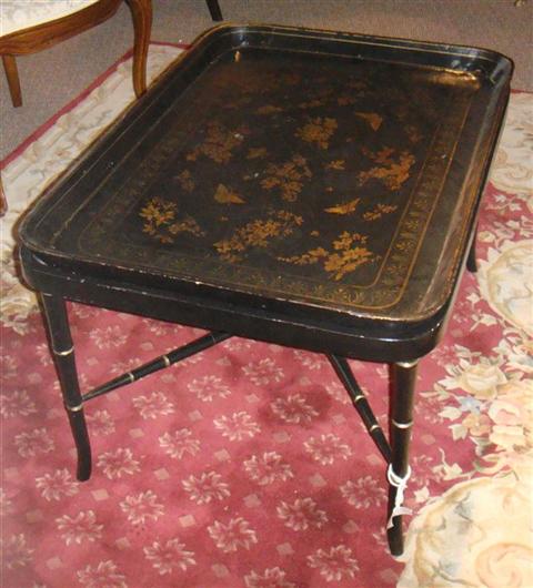 Appraisal: ANITQUE BLACK AND GOLD PAPIER MACHE TRAY TABLE ON A