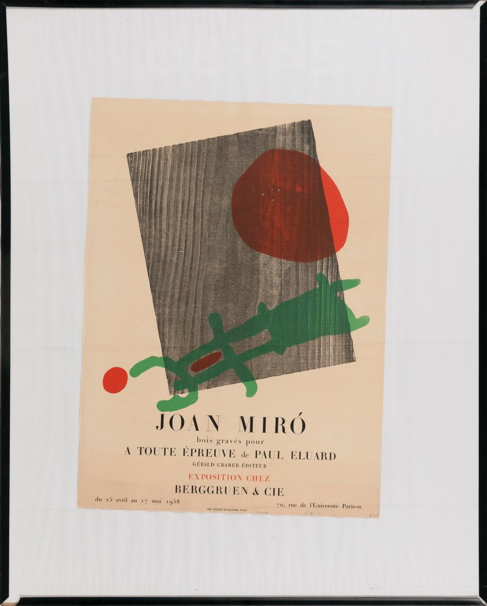 Appraisal: JOAN MIRO EXHIBITION POSTER MID- TH CENTURY LITHOGRAPH ON PAPER