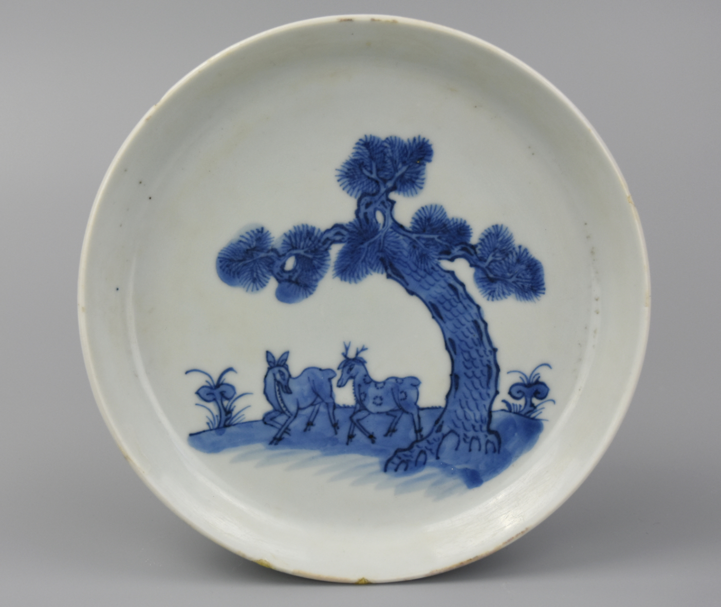 Appraisal: CHINESE BLUE WHITE PLATE W PAIR OF DEER TH C