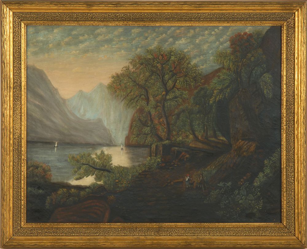 Appraisal: AMERICAN SCHOOLCirca Primitive Hudson River School landscape depicting hikers on