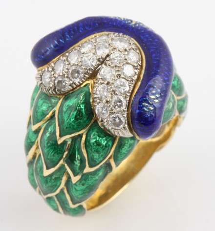 Appraisal: K green and blue enamel round diamonds ct color G