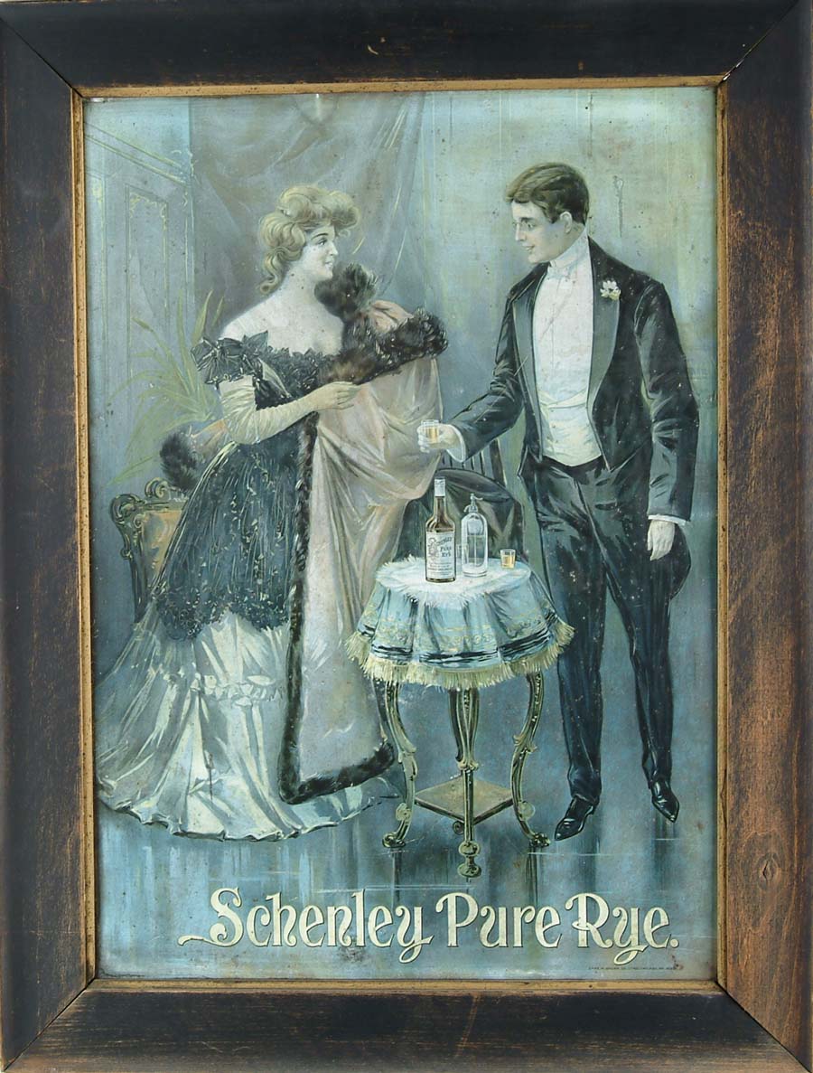 Appraisal: SCHENLEY PURE RYE TIN SIGN Uncommon sign with illustration of