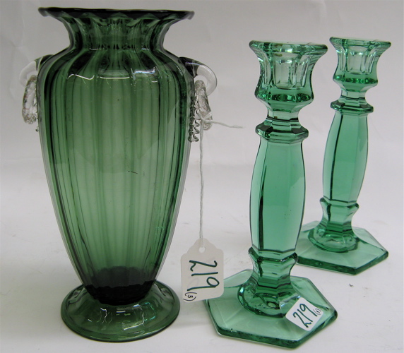 Appraisal: STEUBEN GREEN GLASS VASE AND PAIR GREEN GLASS CANDLESTICKS The