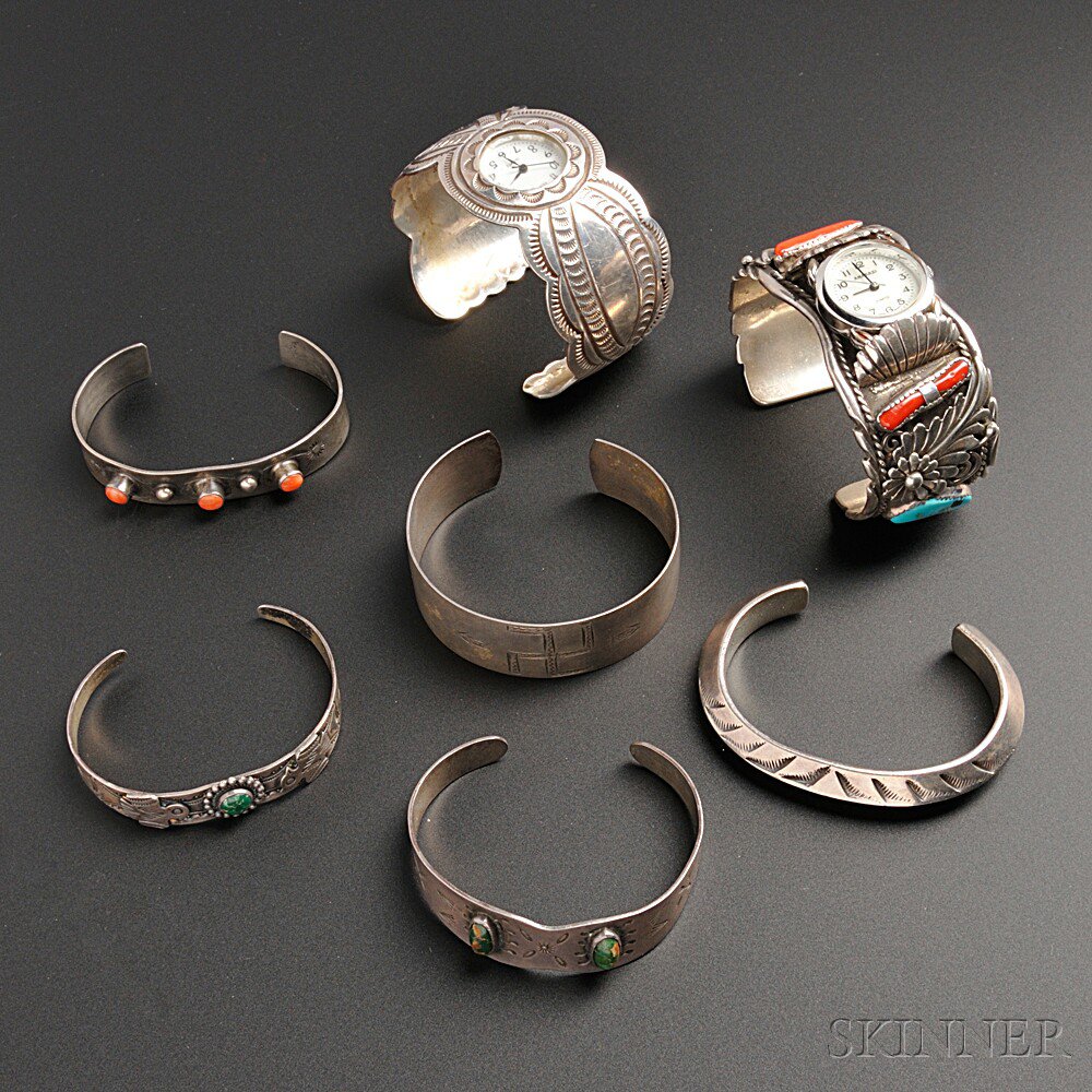 Appraisal: Seven Southwest Jewelry Items includes five cuff bracelets three with