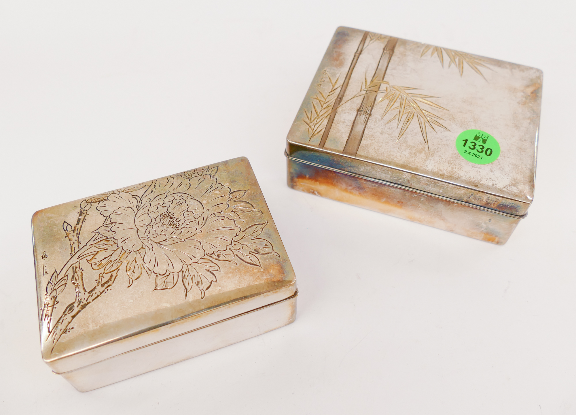 Appraisal: pc Japanese Silver Cigarette Boxes- '' and ''