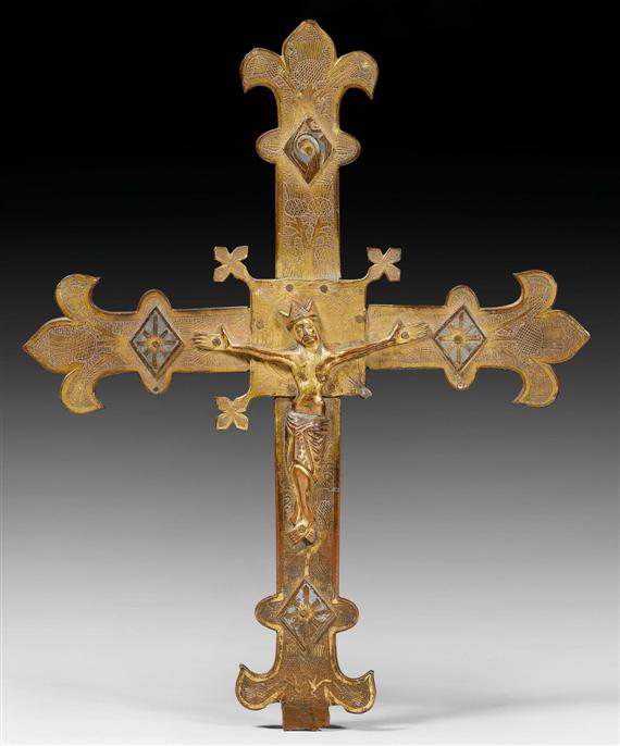 Appraisal: PROCESSIONAL CROSS Limoges early th century Engraved and gilt bronze