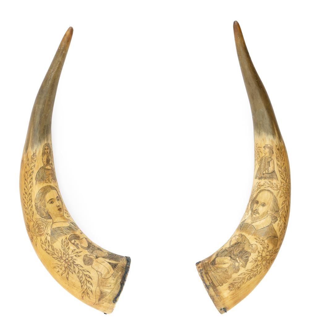 Appraisal: PAIR OF POLYCHROME ENGRAVED STEER HORNS WITH FIGURAL SCENES TH