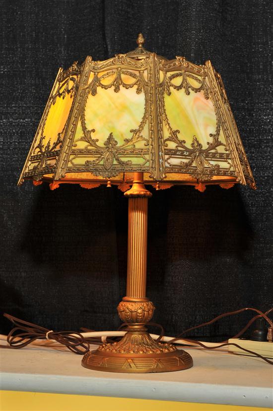 Appraisal: SLAG GLASS TABLE LAMP Brass base having molded foliate decoration