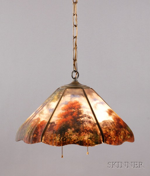 Appraisal: Reverse-painted Hanging Shade Glass and Metal th century Conical glass