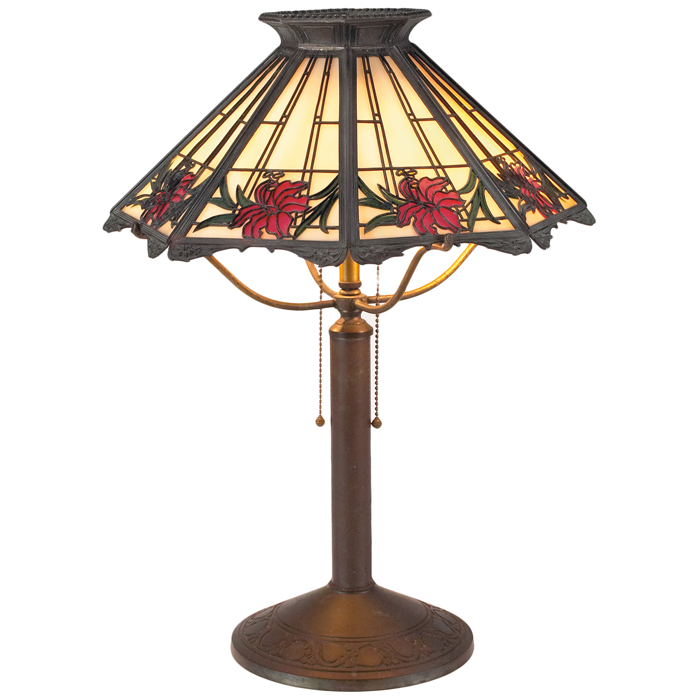 Appraisal: Bradley Hubbard lamp leaded glass shade with floral design on