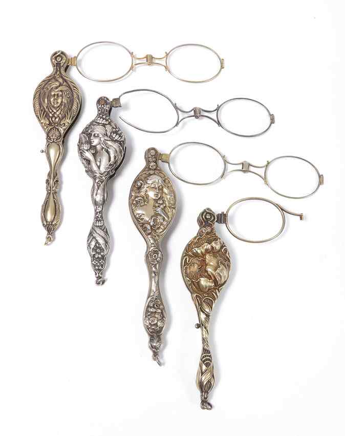 Appraisal: PIECE ART NOUVEAU STERLING LORGNETTES To include Woman with flowers